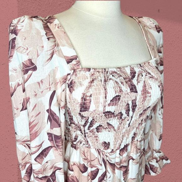 NWT House of Harlow 1960 Palm Leaf Linen Smocked Midi Dress L Cottagecore Boho - Picture 6 of 16